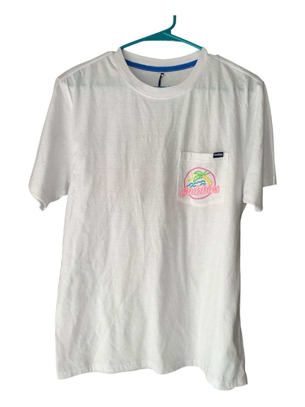 chubbies White Tee with Neon Palm Pocket Logo